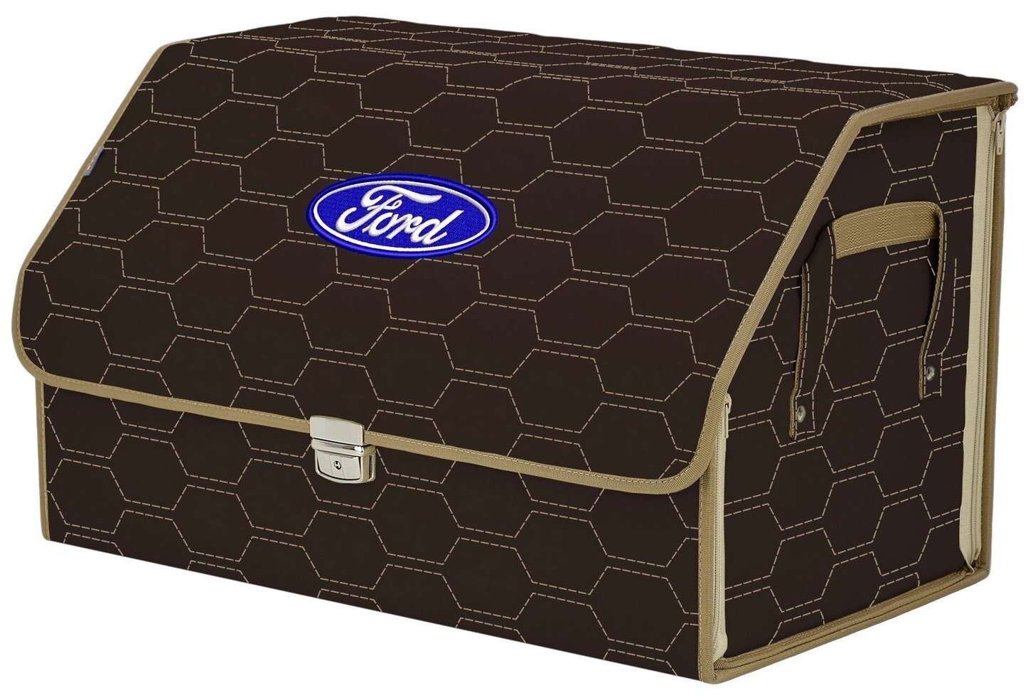 Органайзер-саквояж в багажник "Союз Премиум" (размер XL). Цвет: коричневый с бежевой прострочкой Соты и вышивкой Ford (Форд).