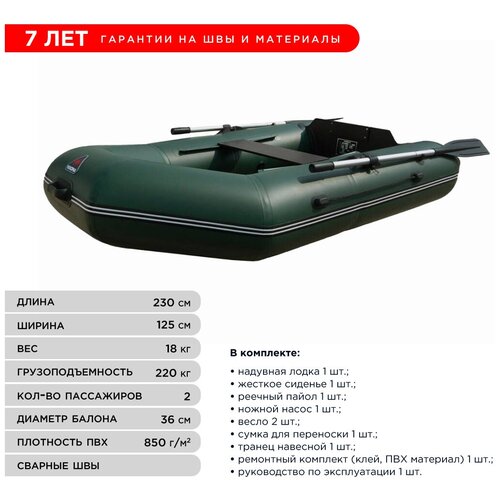 Надувная гребная лодка ПВХ YUKONA 230 TL под мотор с реечным фанерным пайолом, зеленая