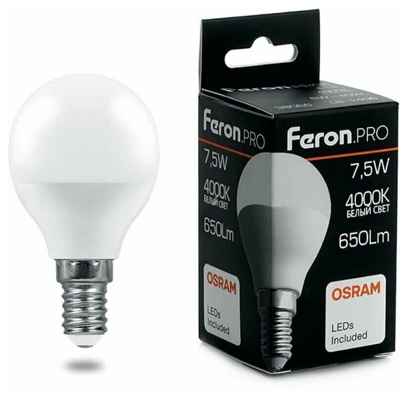 Светодиодная LED лампа Feron PRO шар G45 E14 7.5W(650lm) 4000K 4K матовый 81x48 OSRAM LED LB-1407 38072