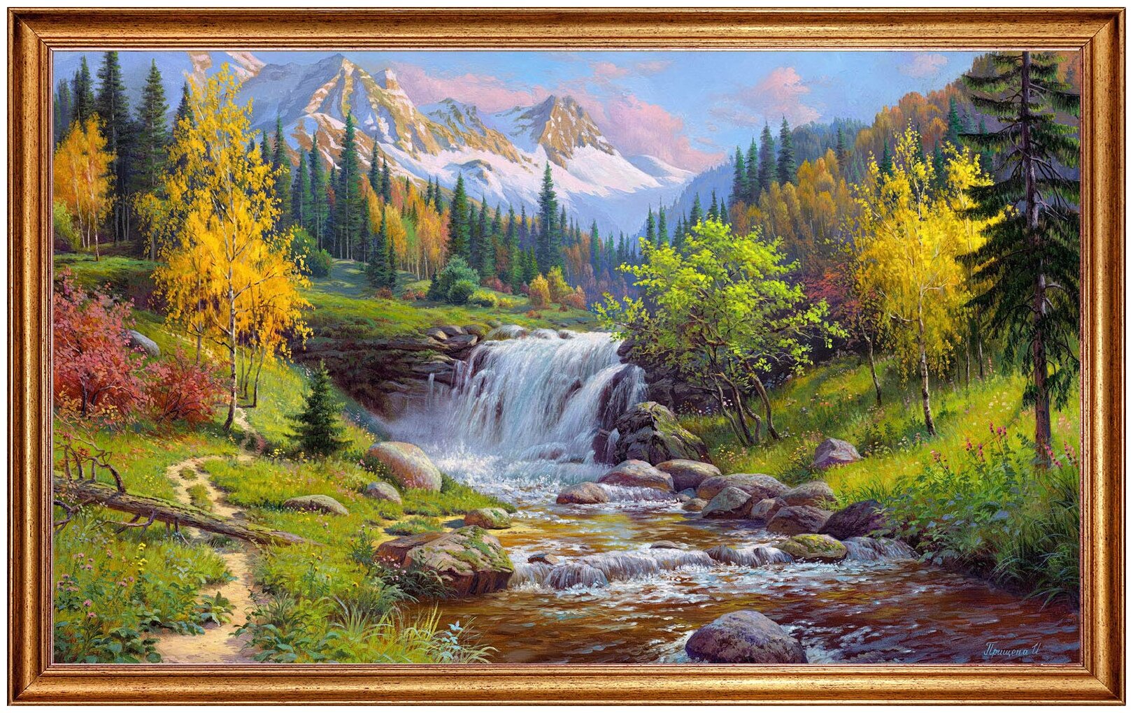 Картина на холсте, "Горный ручей", 100х60 см. Холст на деревянном подрамнике, оформлена в багет, Арт. ПИ-х22