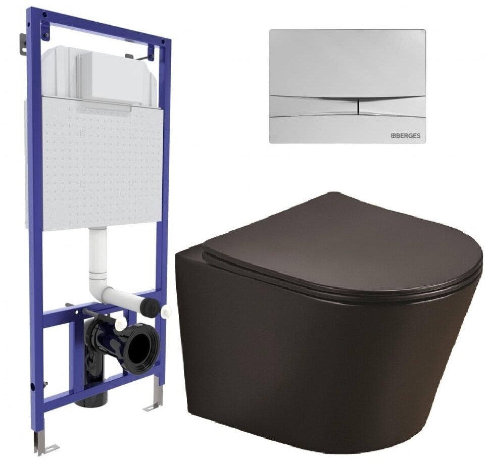 Инсталляция BERGES NOVUM F3 с кнопкой хром глянец,унитаз Azario Teramo 48 см безободковый с микролифт, черный матовый (AZ-053E-R-MB SP)
