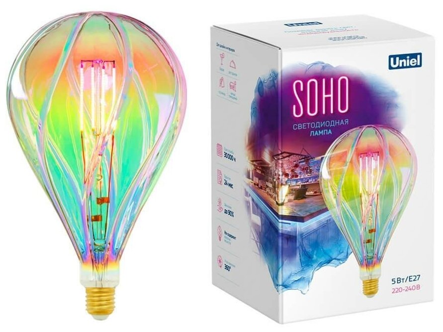 LED-SF31-5W/SOHO/E27/CW RAINBOW GLS77RB Лампа светодиодная SOHO. Радужная колба. Прямой филамент. Картон.TM Uniel