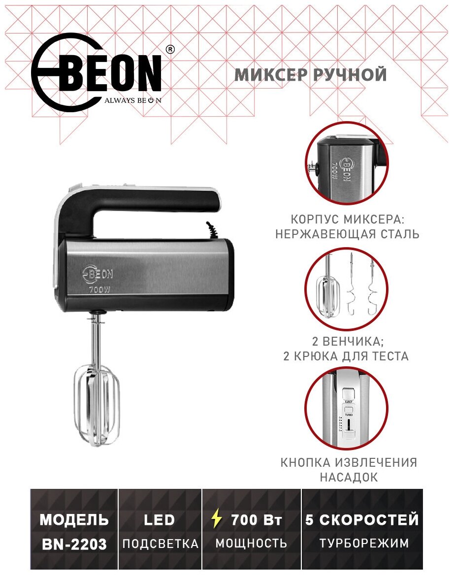 Миксер ручной BEON BN-2203 нерж сталь/черный - фотография № 16