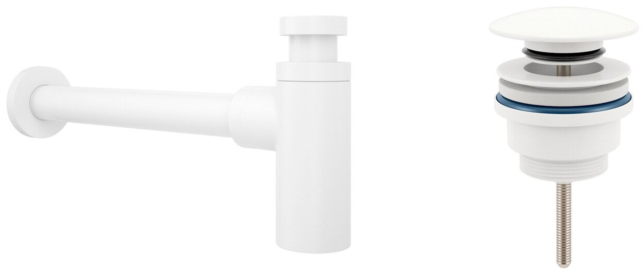 Сифон для раковины Wellsee Drainage System 182108003 в наборе 2 в 1: металлический сифон и универсальный донный клапан в цвете матовый белый