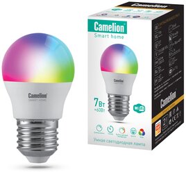 Умная светодиодная LED лампа 7Вт Е27 Camelion 14501 Smart Home LSH7/G45/RGBСW/Е27/WIFI Голосовое управление Wi-Fi
