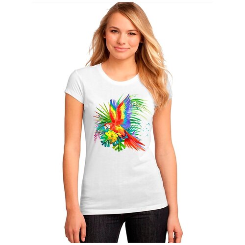фото "женская белая футболка попугай, цветы, крылья". размер s drabs