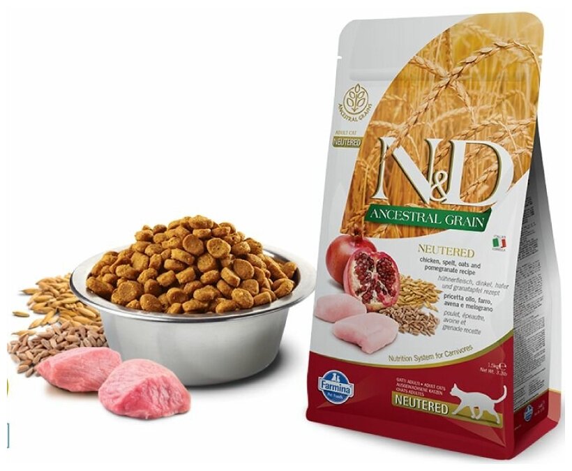 Farmina n&d ancestral grain низкозерновой корм для стерилизованных кошек (курица с гранатом)