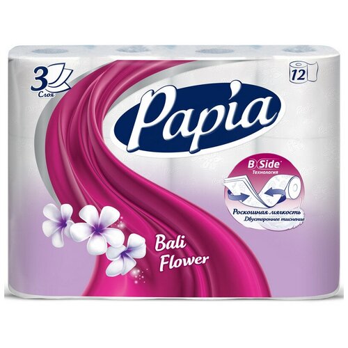 Купить Бумага туалетная Papia Балийский Цветок 3сл бел 100%цел 16, 8м 140л 12рул/ уп, 1 уп., Туалетная бумага и полотенца