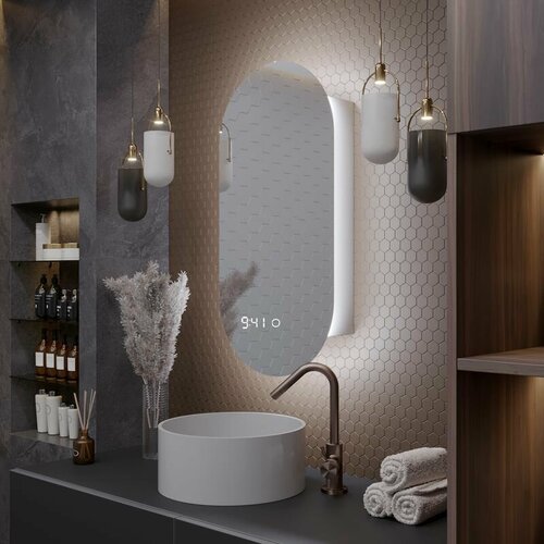 Зеркало-шкаф Олимпия 80*40 с холодной LED-подсветкой, правый, с часами