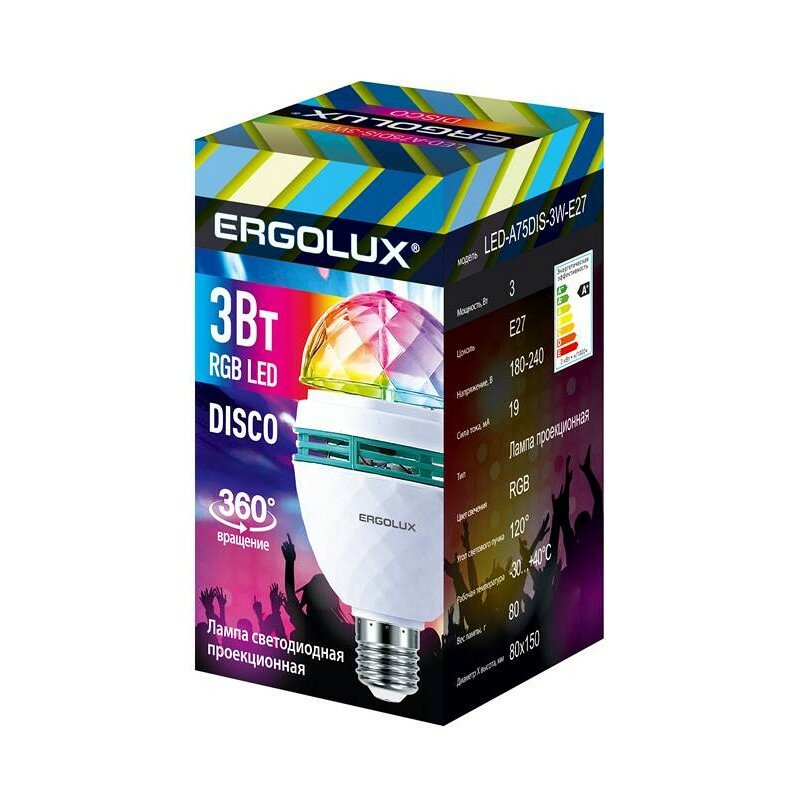 Ergolux LED-A75DIS-3W-E27 (Эл. лампа светодиодная DISCO 3Вт Е27 RGB 220-240В) цена за 1 шт.