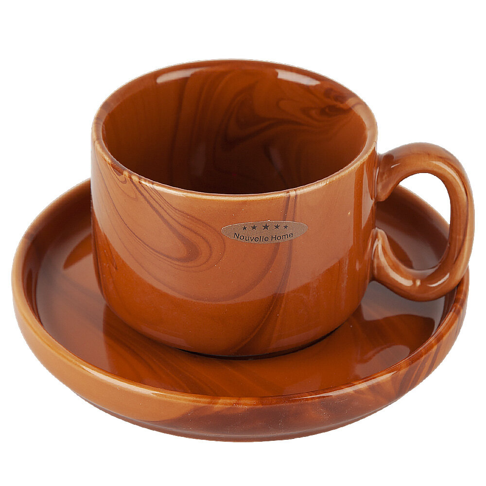 Чашка с блюдцем фарфоровые "Wooden Grain", 200 мл, коричневая, для СВЧ и ППМ, Nouvelle — фото 1