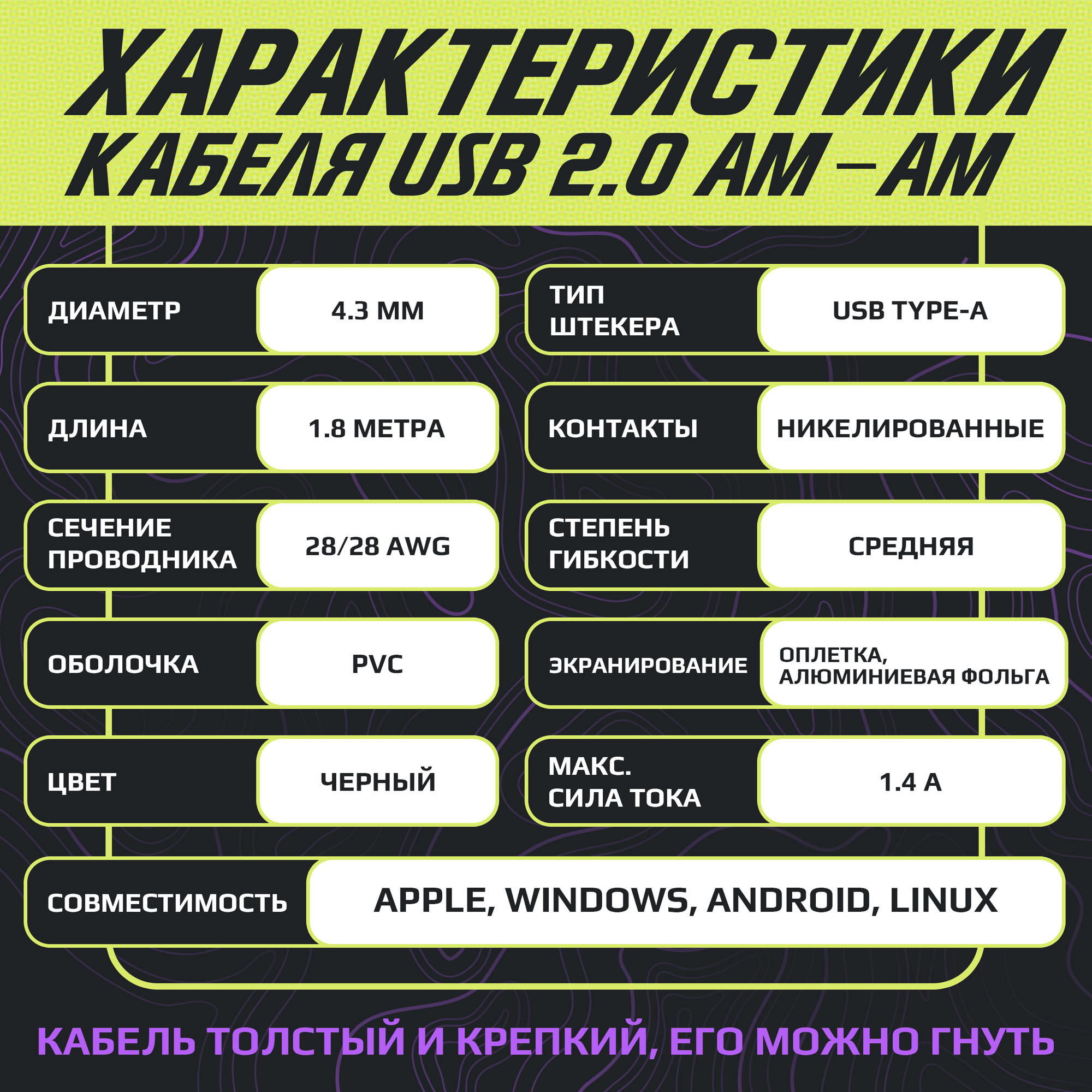 Кабель USB 2.0 для подключения периферийных устройств AM / AМ (папа - папа) 1.8 метра, черный — фото 1