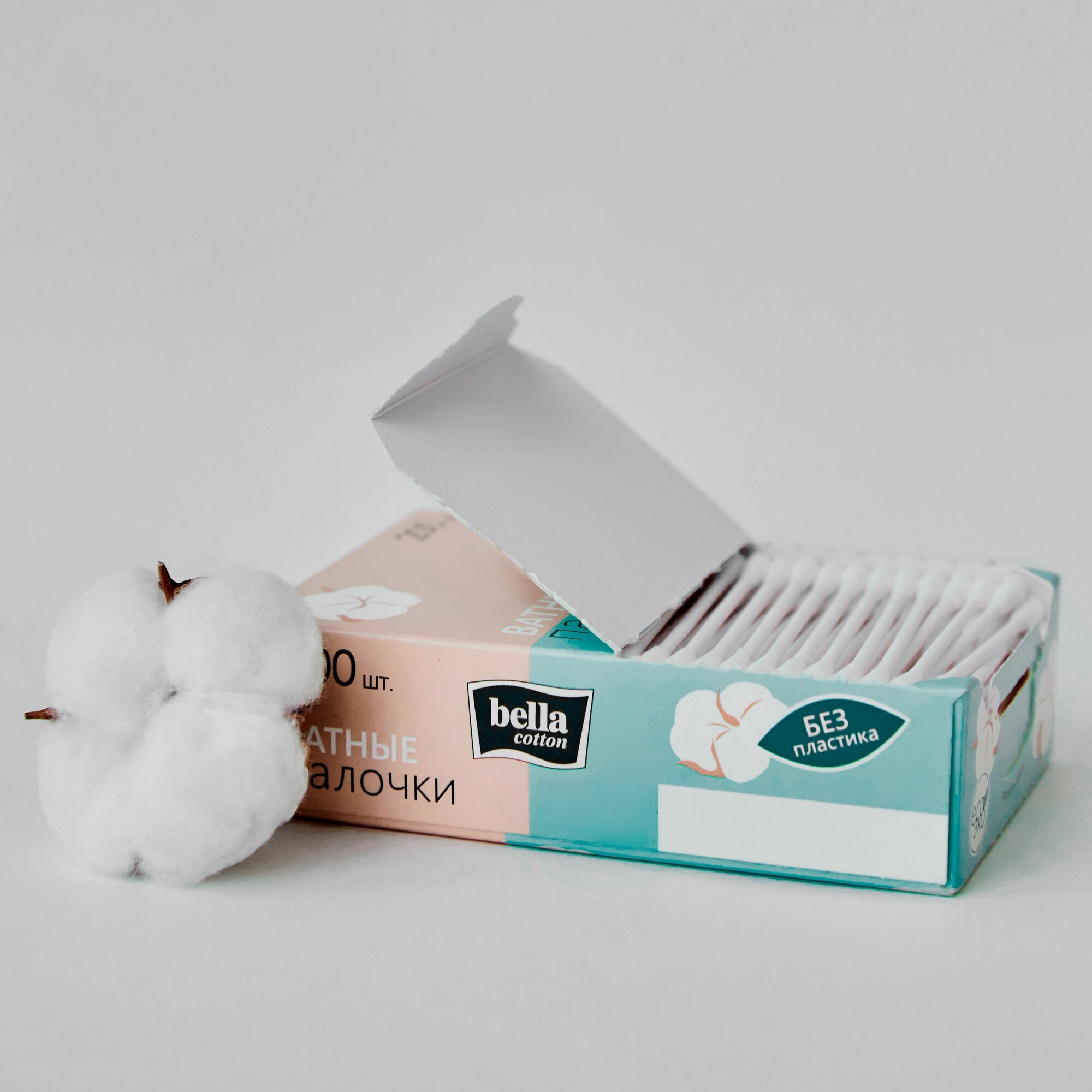 Картинки Ватные палочки из органического хлопка с бумажными стиками bella cotton 200 шт. в картонной эко упаковке (без пластика)