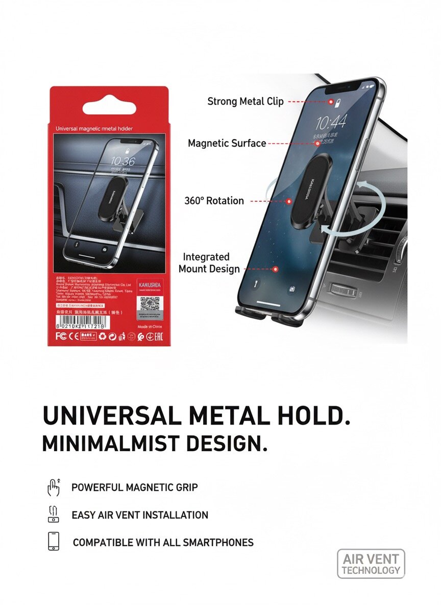 Автомобильный держатель для телефона Kakusiga Metal Holder | Вращение на 360° | 8 мощных магнитов | Корпус из цинкового сплава