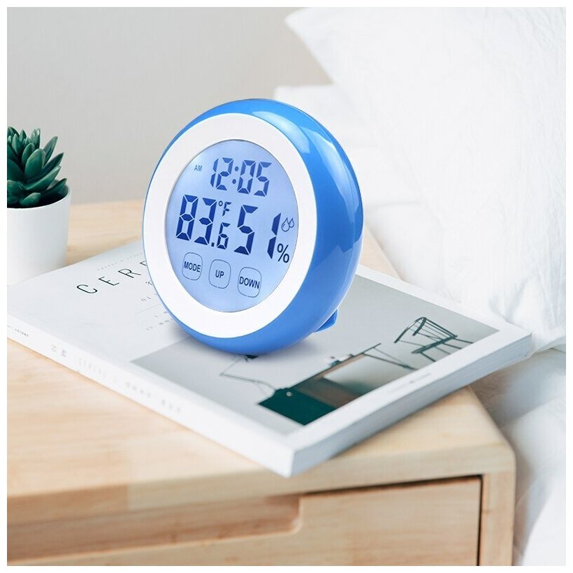 Термометр-гигрометр с часами и будильником, сенсорный, голубой - фотография № 5