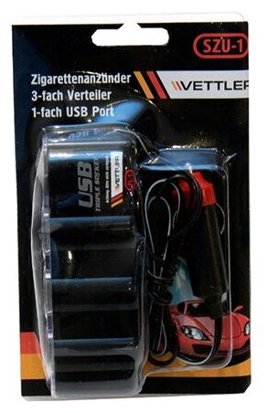 VETTLER Разветвитель прикуривателя 3 гнезда+1 порт USB VETTLER