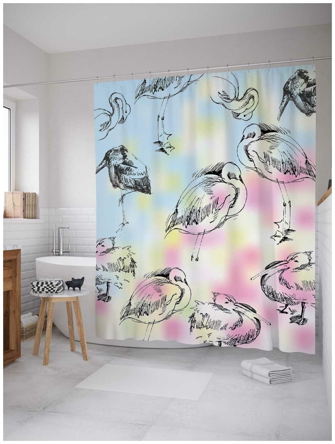Штора водоотталкивающая для ванной, занавеска в ванную комнату тканевая JoyArty "Задумчивые фламинго", 180х200 см