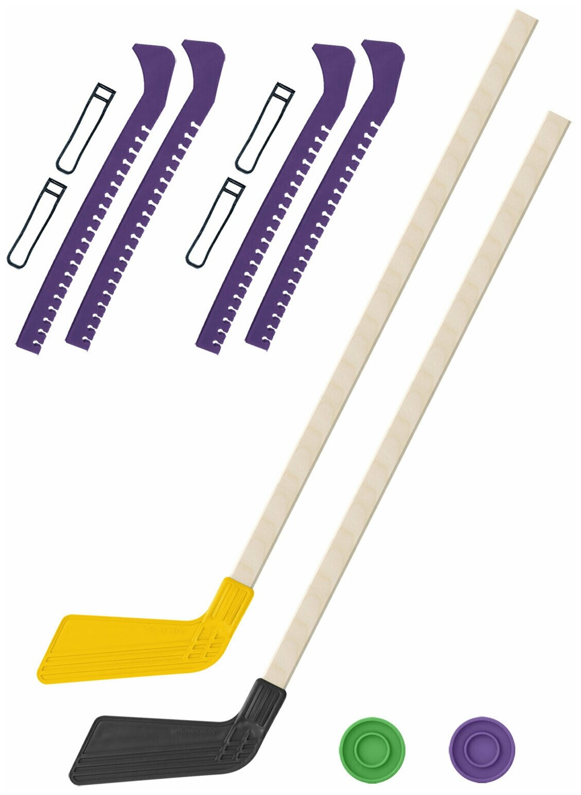 Детский хоккейный набор для игр на улице Клюшка хоккейная детская 2 шт жёлтая и чёрная 80 см. + 2 шайбы + Чехлы для коньков фиолетовые - 2 шт.