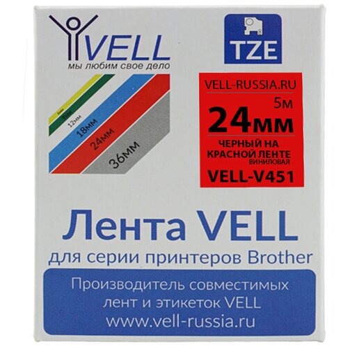 Лента виниловая Vell V-451 (24 мм, черный на красном) для PT D600/2700/P700/P750/ PTE550/9700/P900 Vell-V451