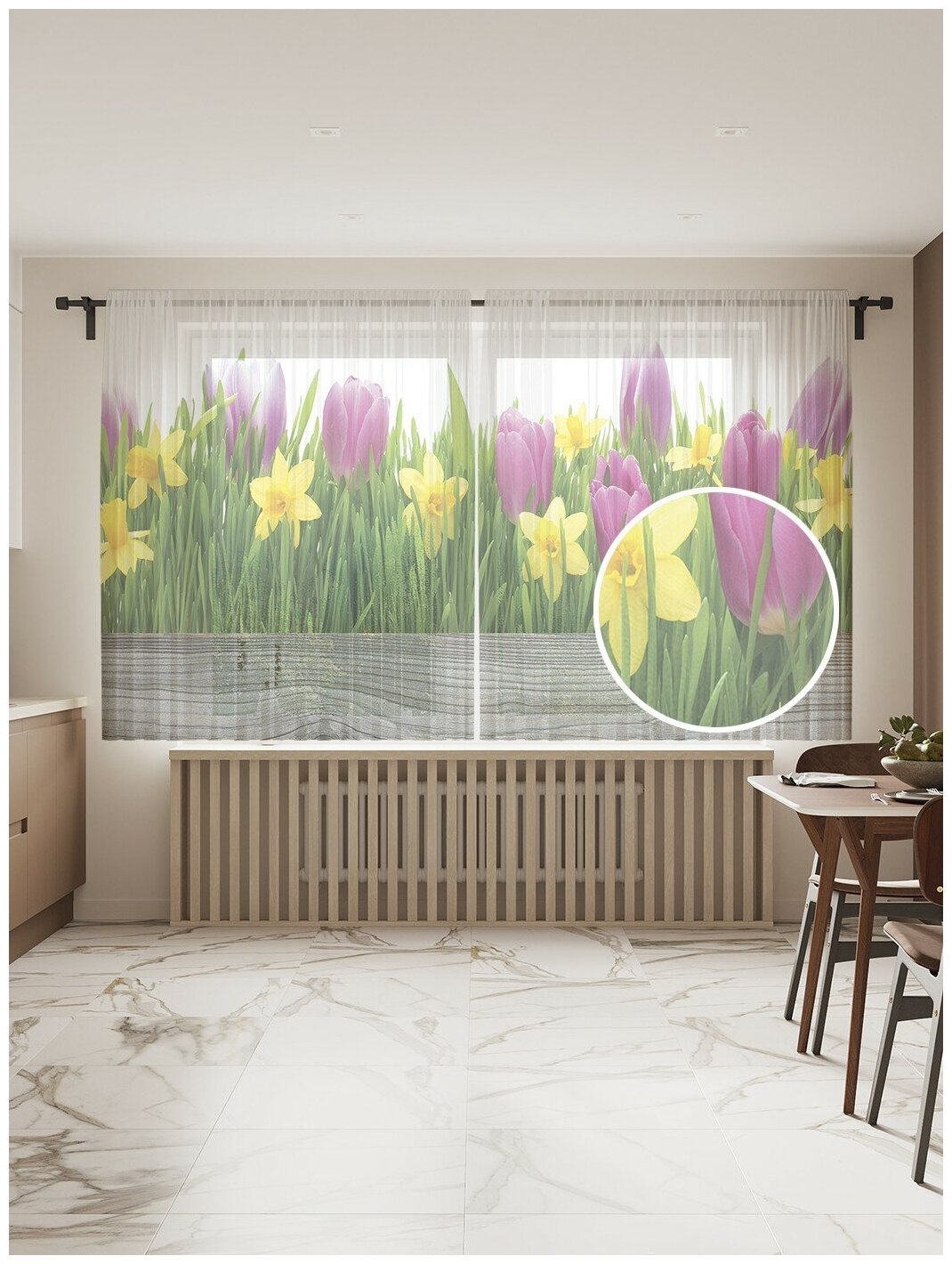 Тюль для кухни и спальни JoyArty "Тюльпаны и нарциссы", 2 полотна со шторной лентой шириной по 145 см, высота 180 см. - фотография № 1