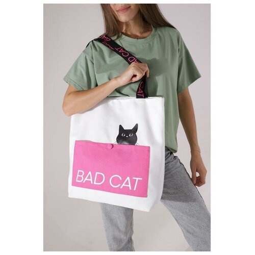 фото Сумка-шопер bad cat без молнии с подкладкой, наружный карман, цвет белый nazamok