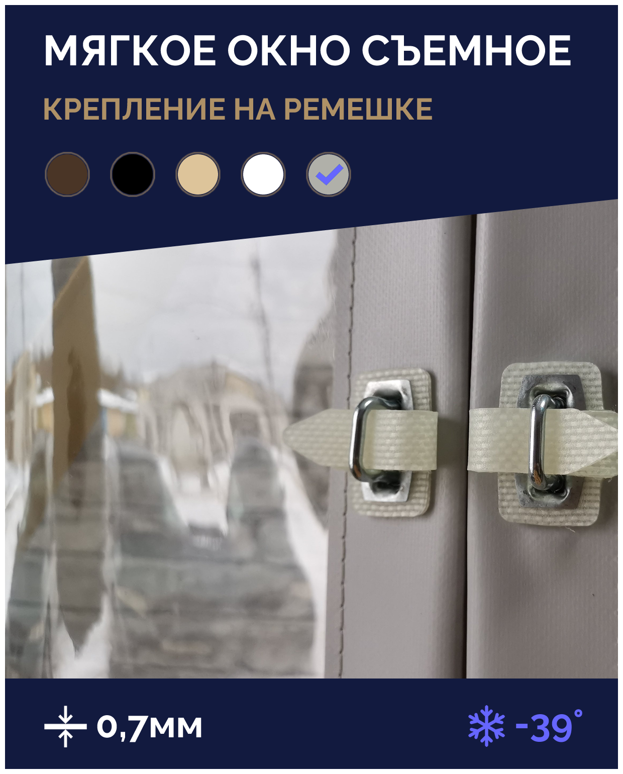 Мягкое окно Софтокна 90х120 см, Прозрачная пленка 0,7мм, Скоба-ремешок, Серая окантовка, Комплект для установки - фотография № 2