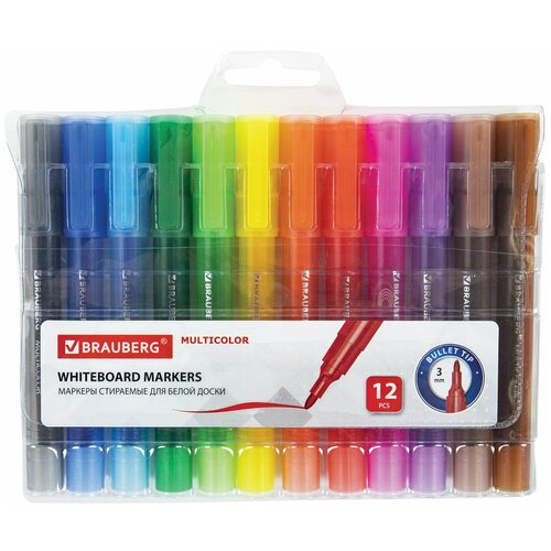 Маркеры / фломастеры для магнитной белой доски стирающиеся Набор 12 Цветов, Brauberg Multicolor, 3 мм