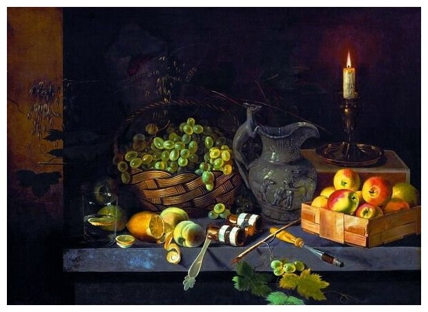 Репродукция на холсте Натюрморт со свечой (Still life with candle) Хруцкий Иван 56см. x 40см.