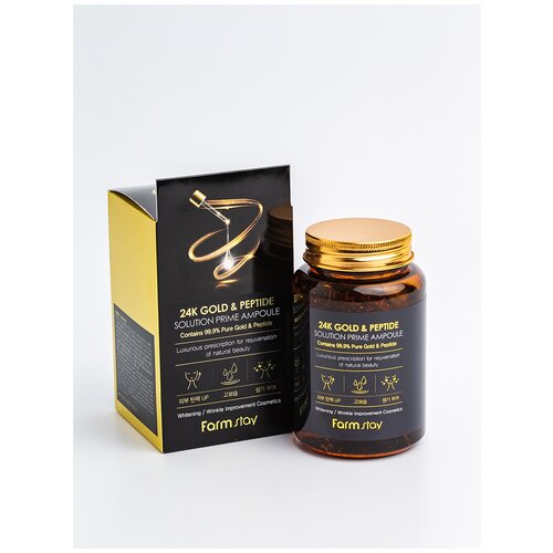 Farmstay 24K Gold & Peptide Solution Prime Ampoule Сыворотка для лица с золотом и пептидами, 250 мл ампульная сыворотка с пептидами prettyskin ampoule serum with peptides 250 мл