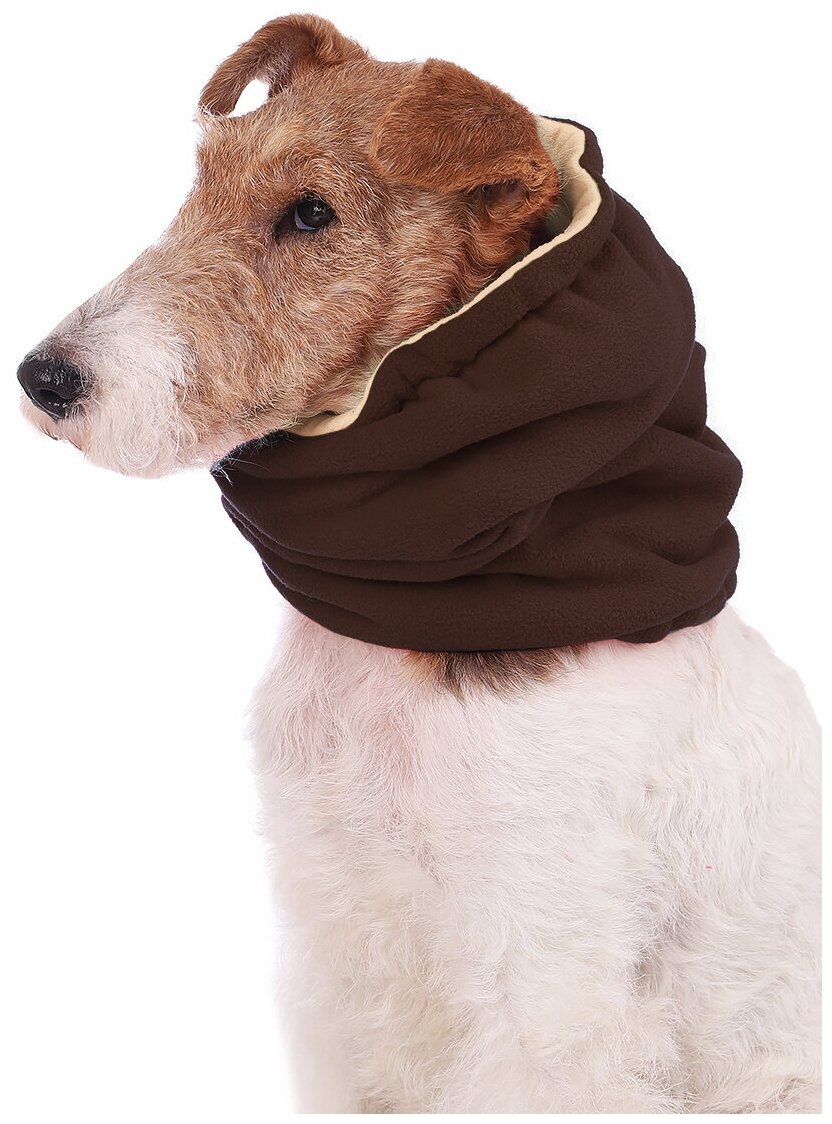 Снуд шапка для собак флисовый Монморанси, коричнево-бежевый, размер М - фотография № 2