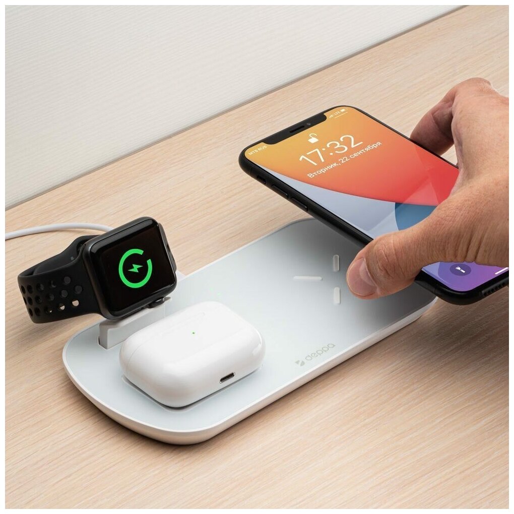 Беспроводное зарядное устройство DEPPA 3 в 1: iPhone, Apple Watch, Airpods, 2A, белый - фото №5