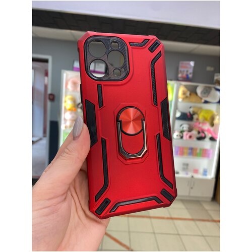 Противоударный чехол с защитой камеры и кольцом для IPhone 13 Pro Max красный