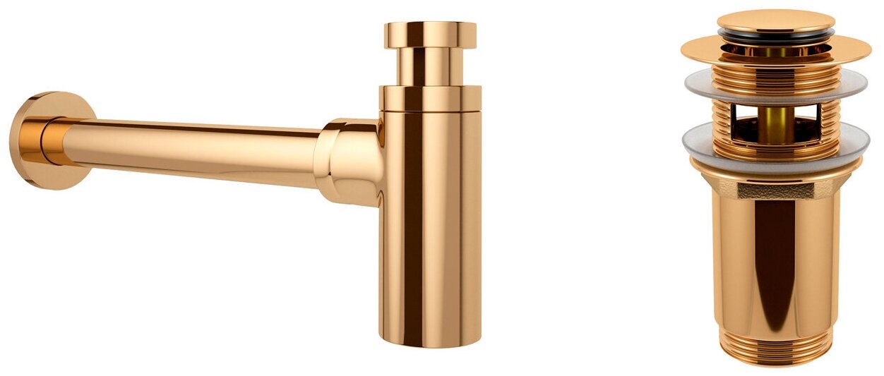 Сифон для раковины Wellsee Drainage System 182106001 в наборе 2 в 1: металлический сифон и донный клапан с переливом в цвете золото
