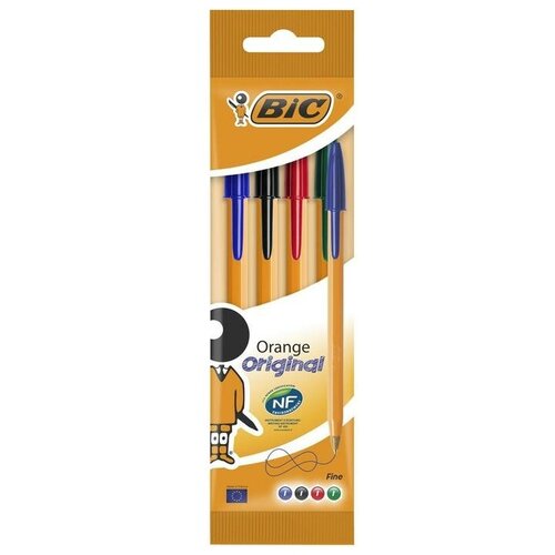 Набор ручек шариковых, BIC Orange Fine, 4 штуки, узел 0.8 мм, чернила синие, черные, красные, зелёные, тонкое письмо, оранжевый корпус, увеличенный ресурс длины письма