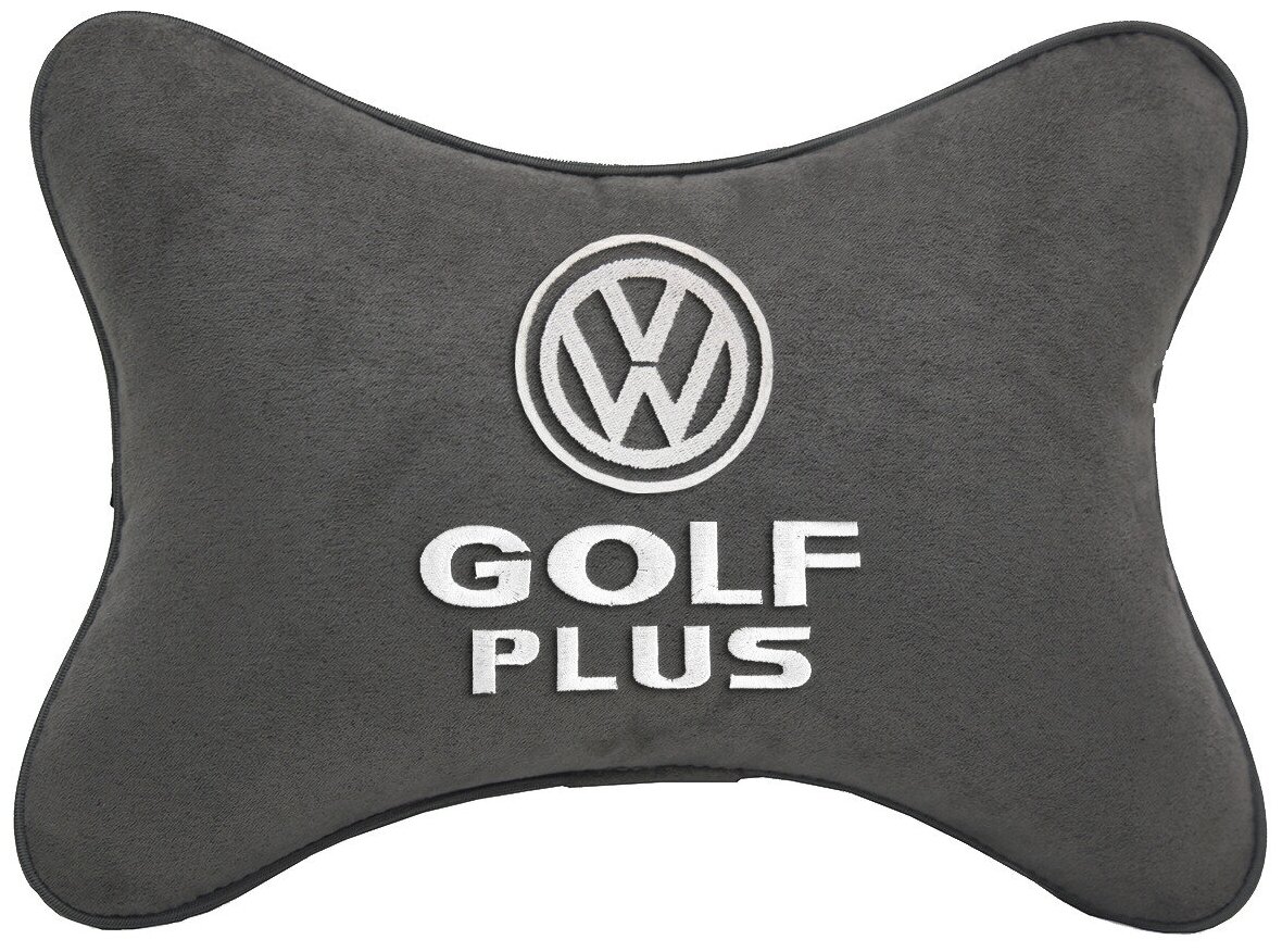 Автомобильная подушка на подголовник алькантара D.Grey с логотипом автомобиля VOLKSWAGEN GOLF PLUS