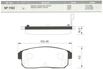 Дисковые тормозные колодки задние SANGSIN BRAKE SP1163 для Mazda, Nissan, Suzuki (4 шт.)