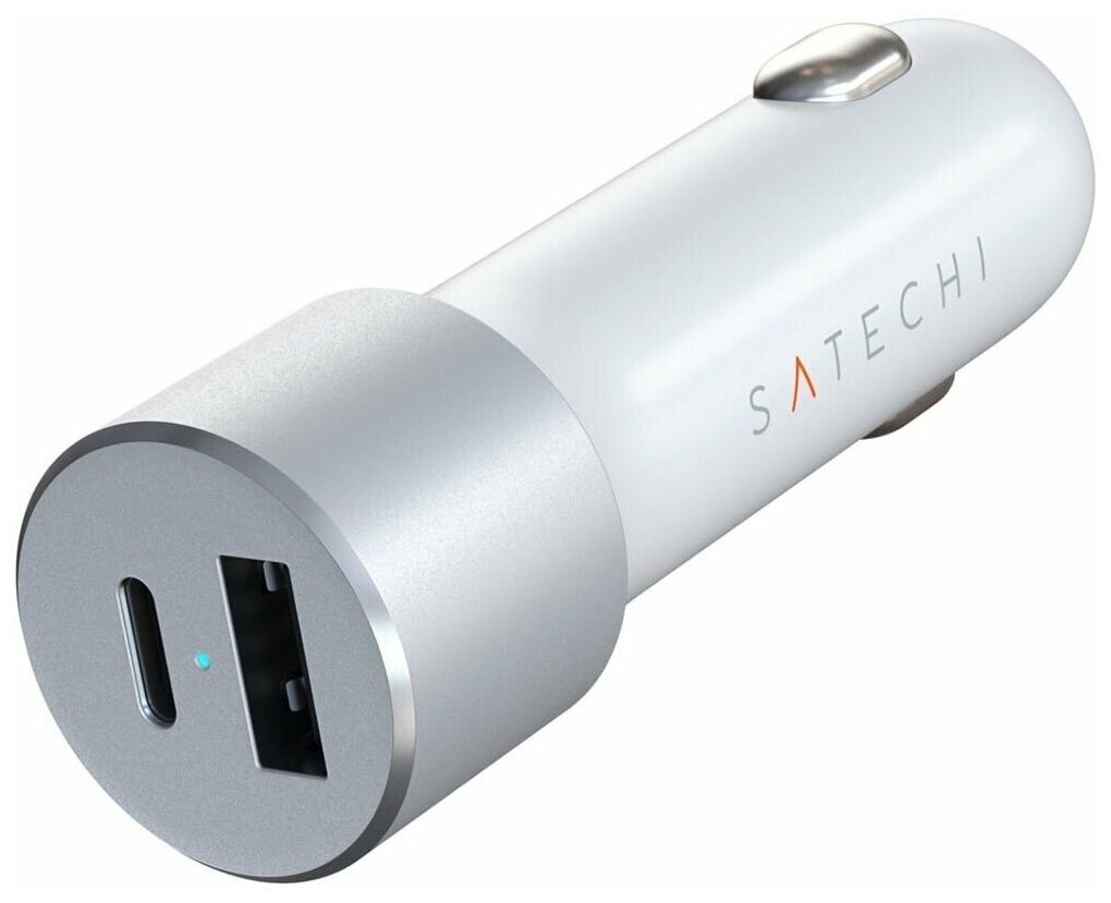 Автомобильное зарядное устройство Satechi 72W Type-C PD Car Charger. Входное напряжение 12В. Порты 1 x USB-A 12W, 1 x USB-C 60W. Цвет серебряный.