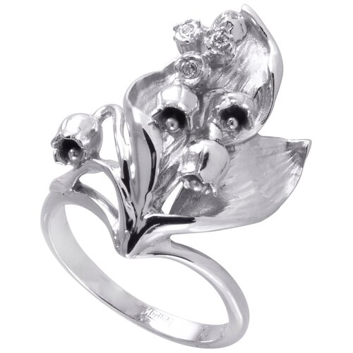 Перстень Альдзена Ландыш серебристый, серебро, 925 проба, родирование, фианит, размер 18, серебряный