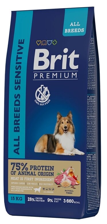 Корм для взрослых собак всех пород BRIT Premium Dog Sensitive с чувствительным пищеварением, с ягненком и идейкой 15 кг