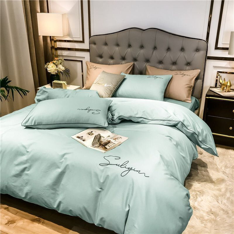 Комплект постельного белья Good Sleep из Сатина Евро Однотонное Хлопок Простыня 220x240 см Голубой
