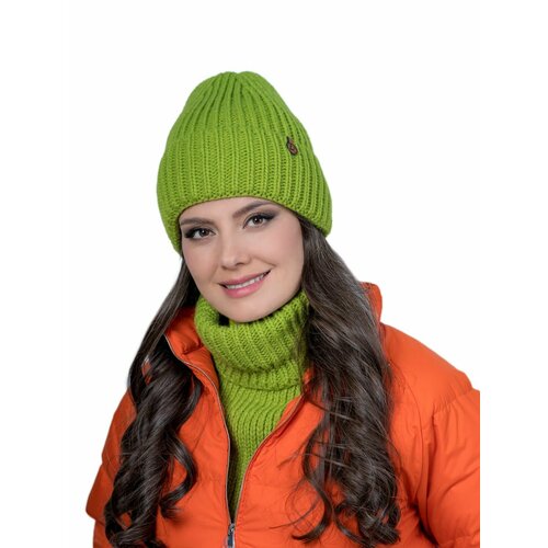 фото Шапка бини landre зимняя, шерсть, вязаная, размер 56-59 см, зеленый