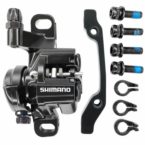 Тормоз дисковый (калипер) механический, Shimano BR-M375, с адаптером, болтами и колодками, R140/F160, черный