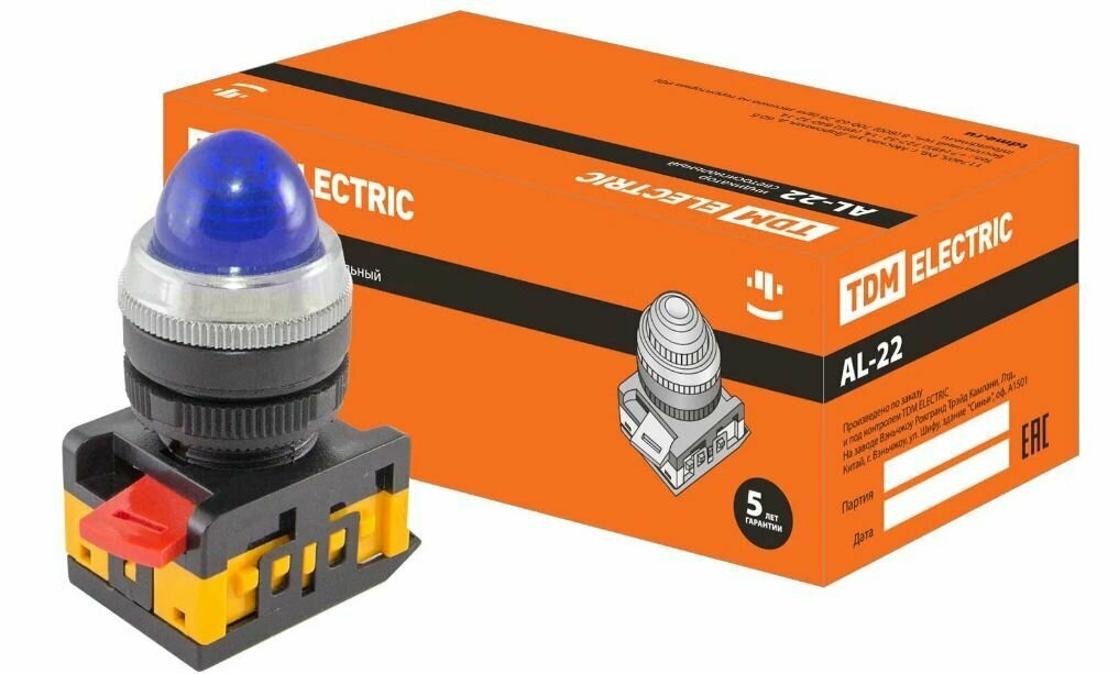 фото Лампа AL-22 сигнальная d22мм синий неон/230В цилиндр TDM Electric (SQ0702-0036) (2 шт)