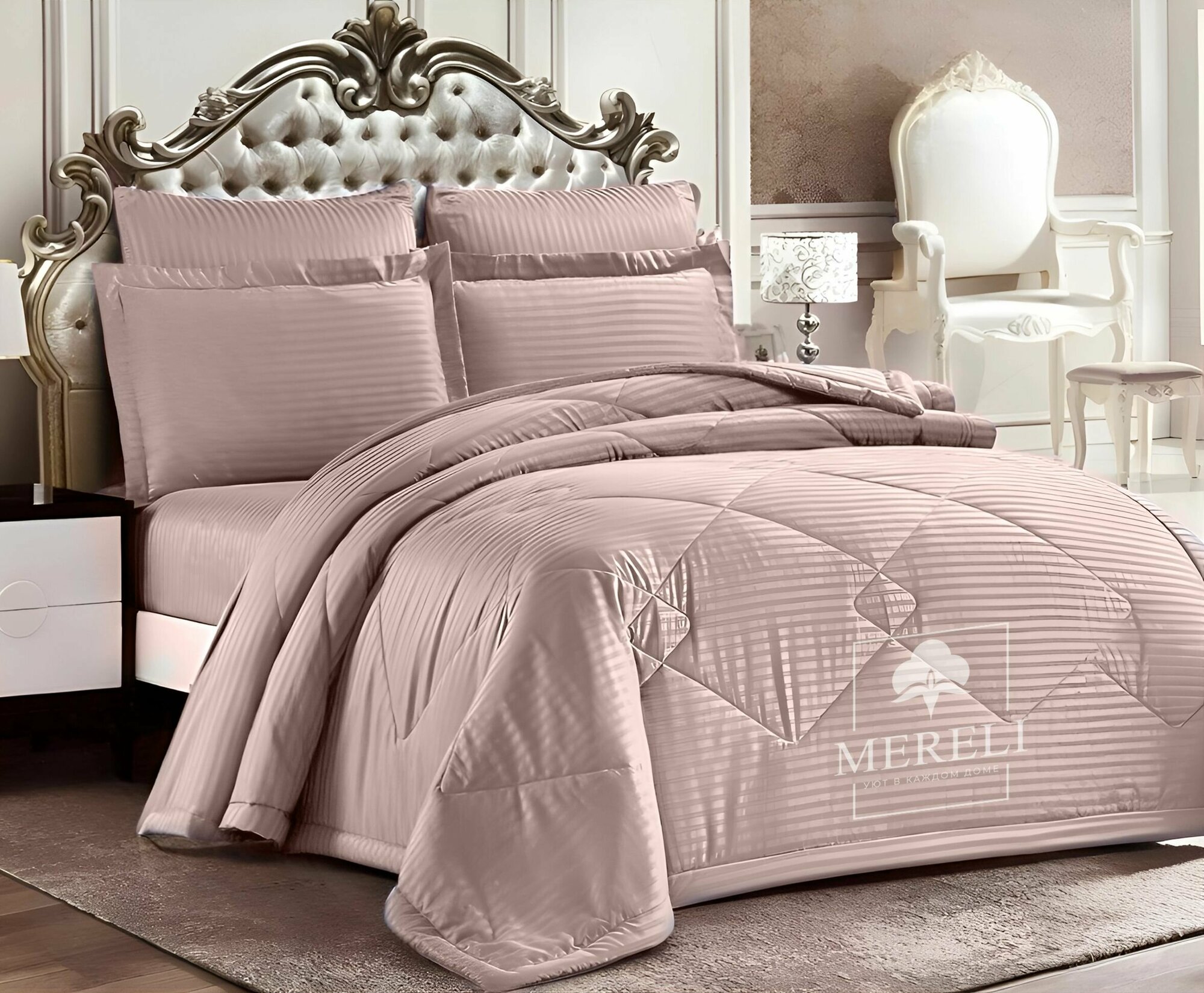 Комплект постельного белья с одеялом EFOR, Страйп сатин, Евро, наволочки 50x70, 70x70 (Розово-бежевый)
