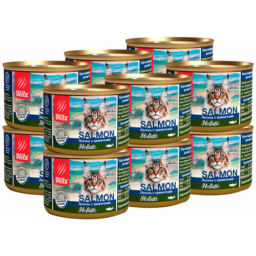 BLITZ HOLISTIC SALMON для взрослых кошек суфле с лососем и креветками банка 200 гр 200 гр х 12 шт