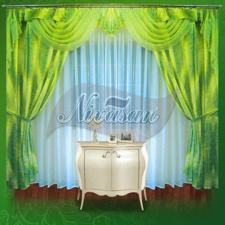 Шторы Nivasan  Глория   вуаль  полупрозрачные  крепление лента  зеленый с золотистым