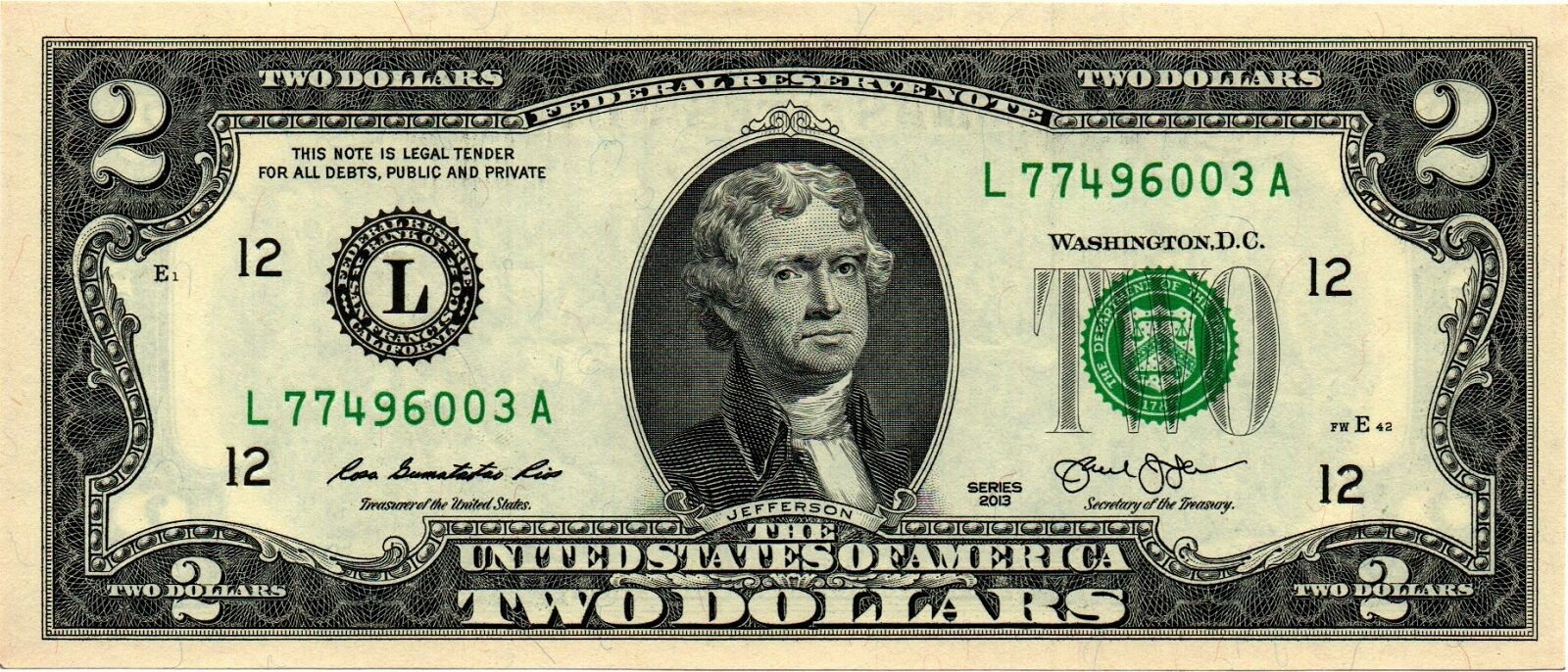 2 доллара 2013 год США 77496003 Н
