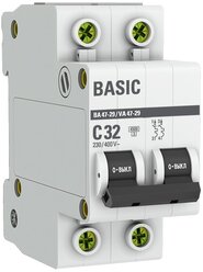Автоматический выключатель 2P 32А (C) 4,5кА ВА 47-29, EKF Basic