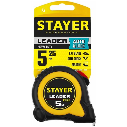 STAYER LEADER 5м / 25мм рулетка с автостопом в ударостойком обрезиненном корпусе