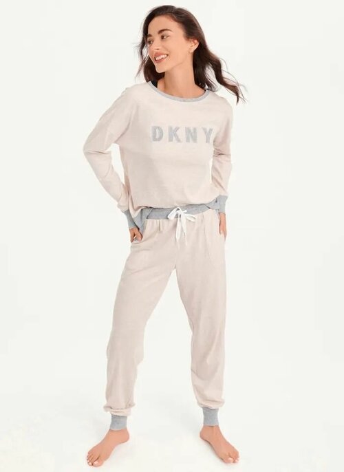 Пижама DKNY М бежевая с серыми манжетами джоггеры и свитшот с лого на груди